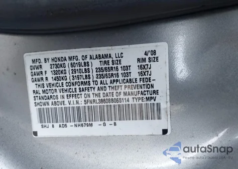 2008 Honda Odyssey Exl from USA, damaged, VIN 5FNRL38608B065114